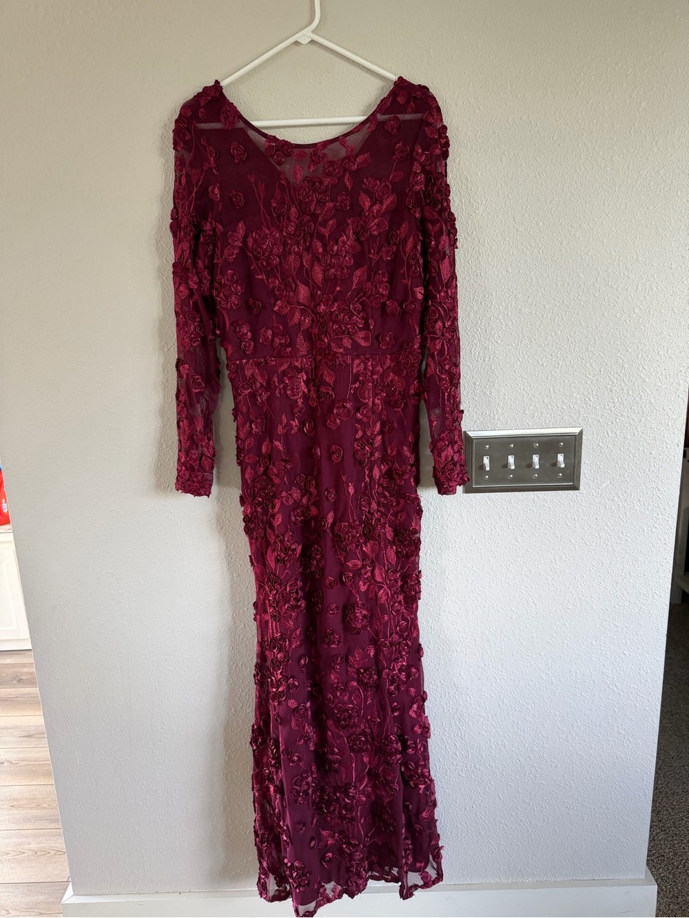 Burgundy 3D Floral Lace Long Sleeve Evening Gown - Picture 2 of 3